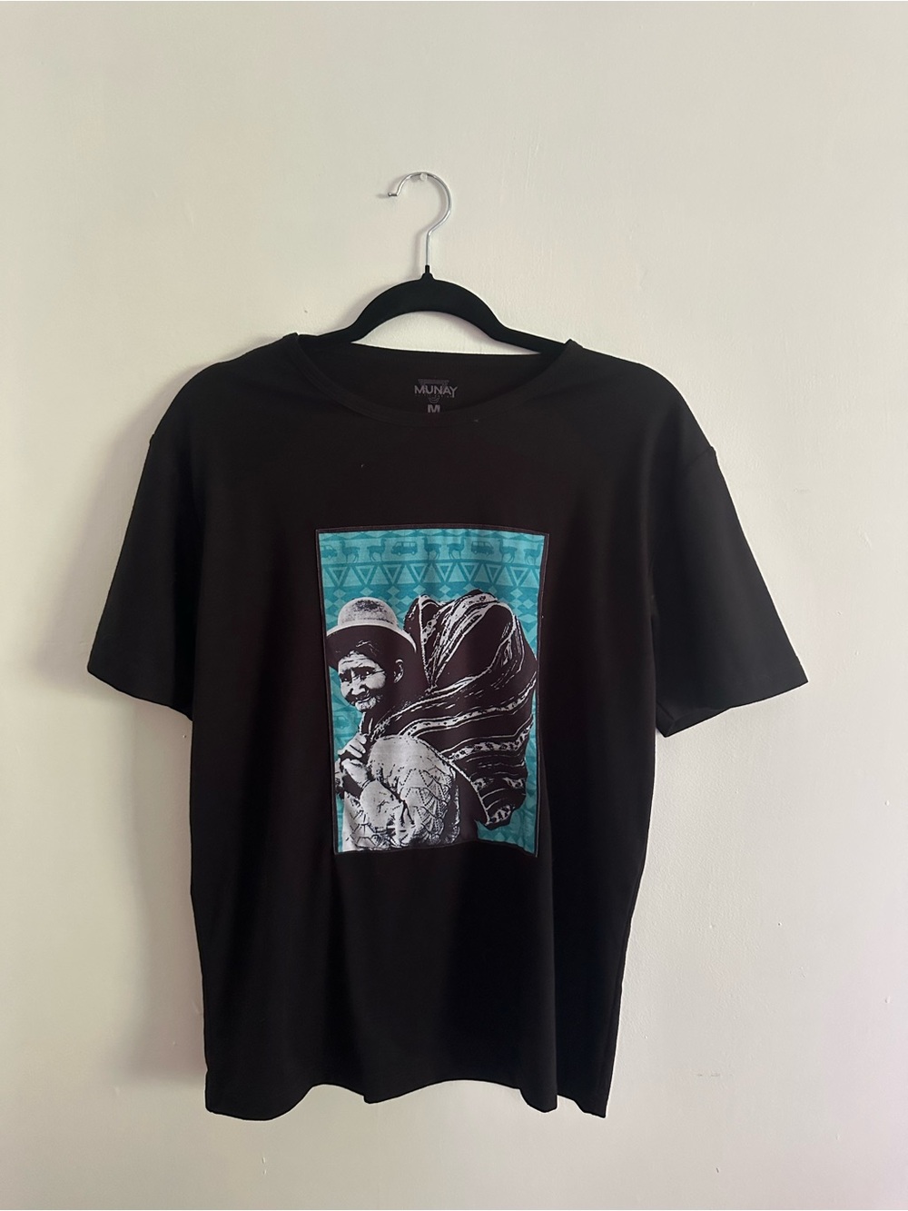 Black Graphic Tee with Teal Print